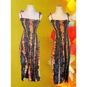 Vintage 90s Royal Creations Black Coral Yellow Hibiscus Tropical Sundress OS